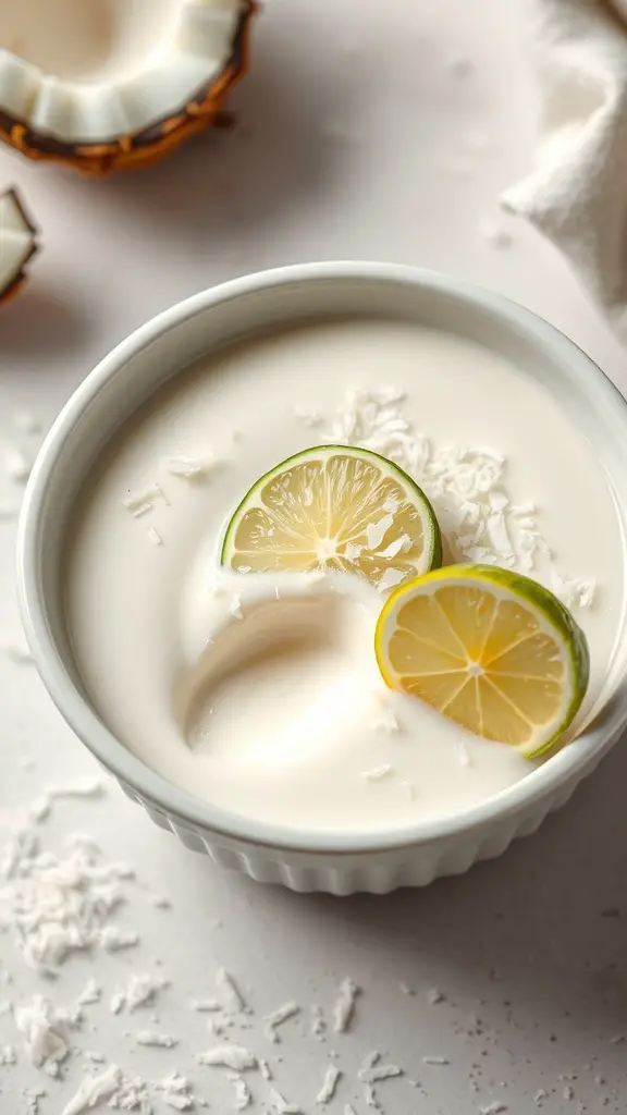 A bowl of creamy coconut panna cotta topped with lime slices and coconut flakes.