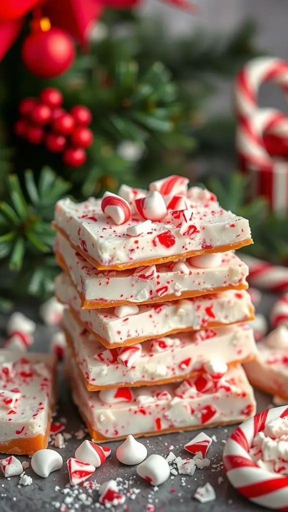 A stack of peppermint bark squares topped with crushed peppermint candies, surrounded by festive decorations.