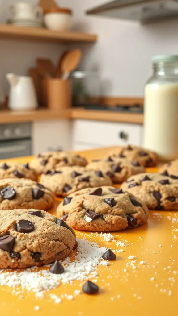 Freshly baked gluten-free chocolate chunk cookies on a yellow surface with chocolate chips scattered around.