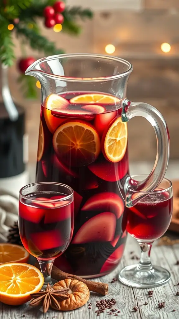 A pitcher of red wine sangria with orange and apple slices, garnished with cinnamon and star anise.