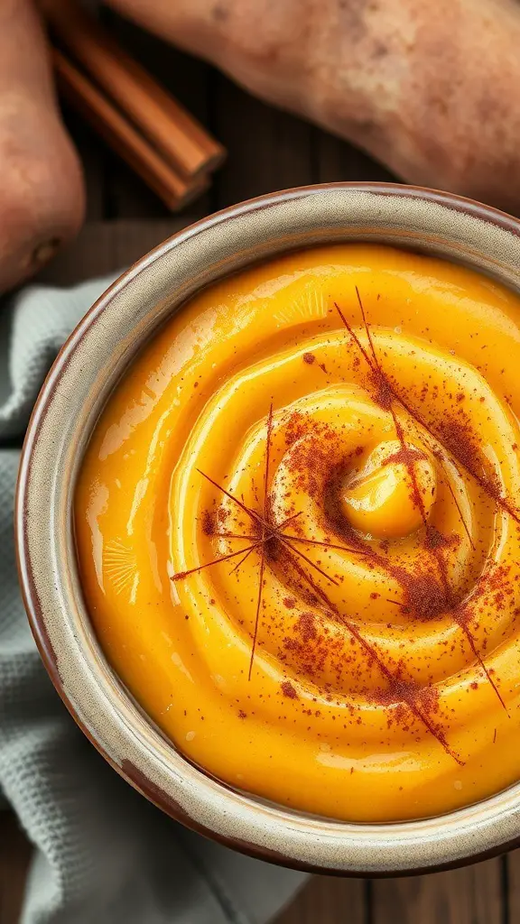 A bowl of creamy sweet potato pudding topped with cinnamon.