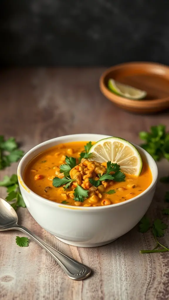 A bowl of Coconut Curry Lentil Soup topped with cilantro and a slice of lime.