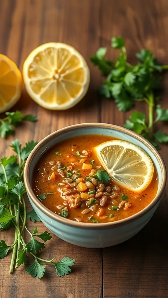 A bowl of lentil soup garnished with lemon slices and fresh cilantro on a wooden table.