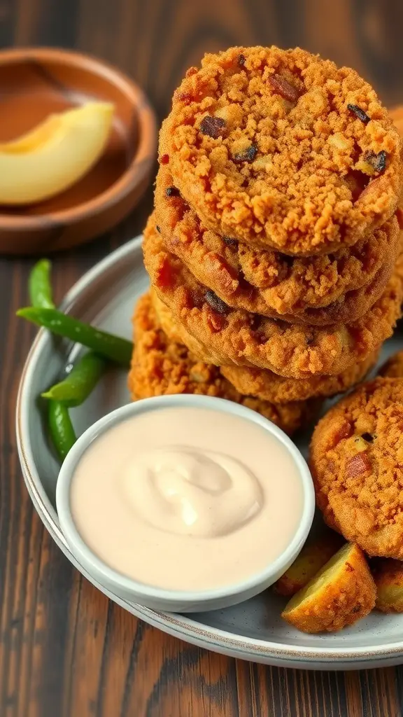 A plate of fried green tomatoes stacked with a dipping sauce and green peppers.