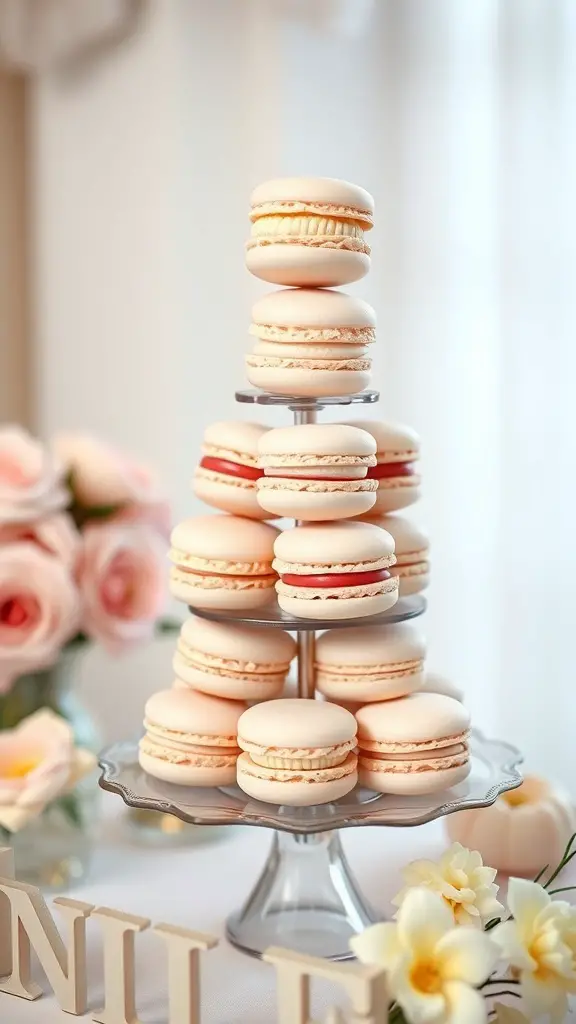 A tiered stand displaying elegant vanilla bean macarons with a floral backdrop.