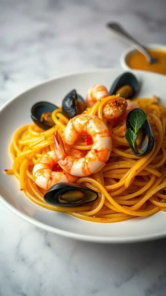A plate of saffron seafood spaghetti with shrimp and mussels, garnished with herbs.