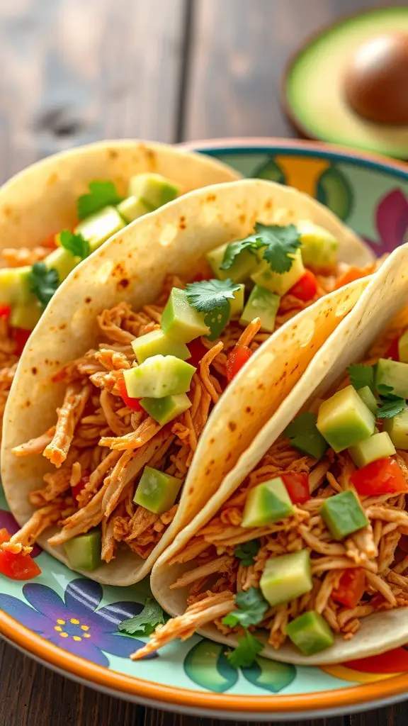 Three spicy chicken tacos on a colorful plate with diced vegetables and cilantro.
