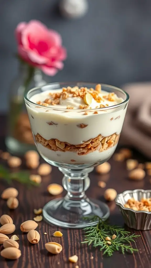 A glass of Pistachio and Rosewater Trifle with layers of cream and crushed pistachios, garnished with a pink rose.