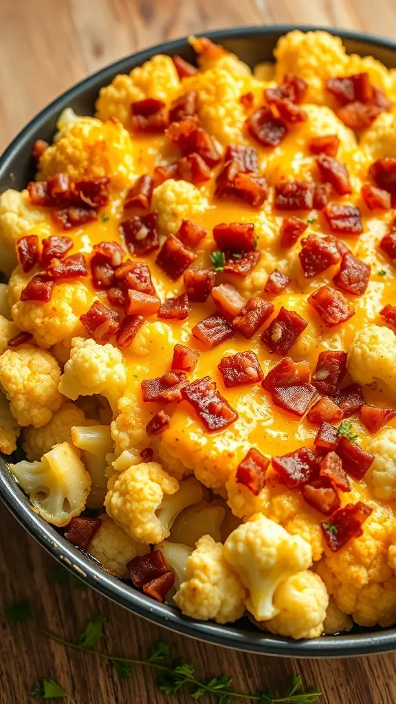A cheesy cauliflower casserole topped with bacon bits in a black dish.