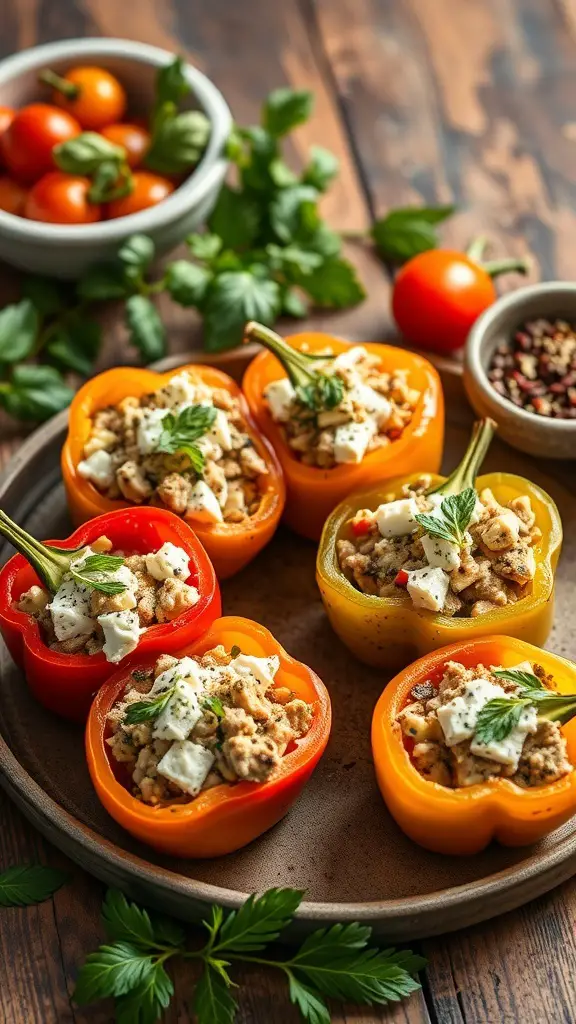 Colorful stuffed peppers filled with tuna and feta cheese on a wooden table.