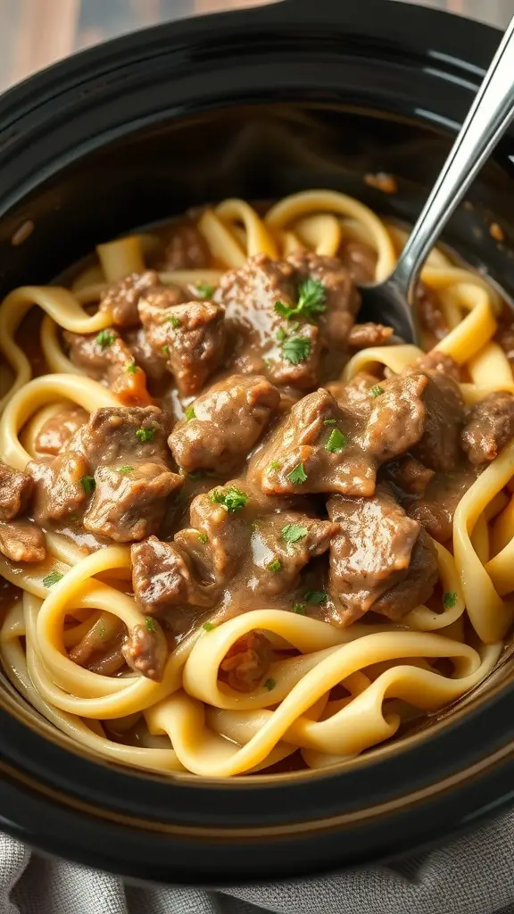 A bowl of beef stroganoff with noodles, garnished with parsley.