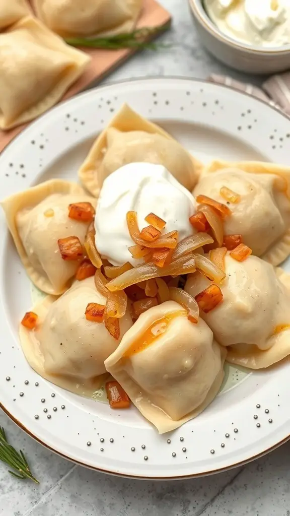A plate of pierogi topped with sautéed onions and sour cream.