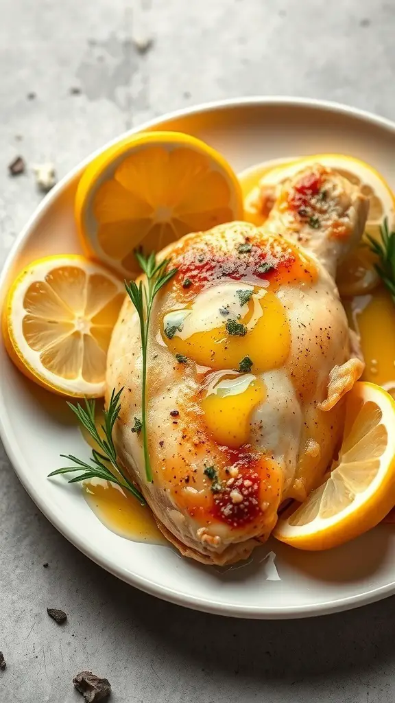 A plate of Lemon Garlic Butter Chicken garnished with lemon slices and herbs.