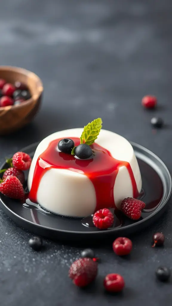 A serving of vanilla bean panna cotta topped with berry sauce and fresh berries on a black plate.