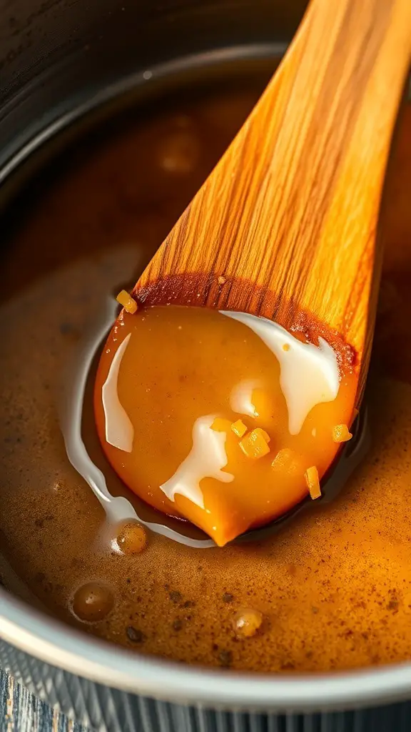 A wooden spoon stirring rich, amber-colored brown butter in a pot.