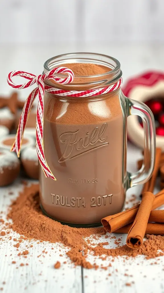 A jar of spiced hot chocolate mix with cinnamon sticks and cocoa powder.
