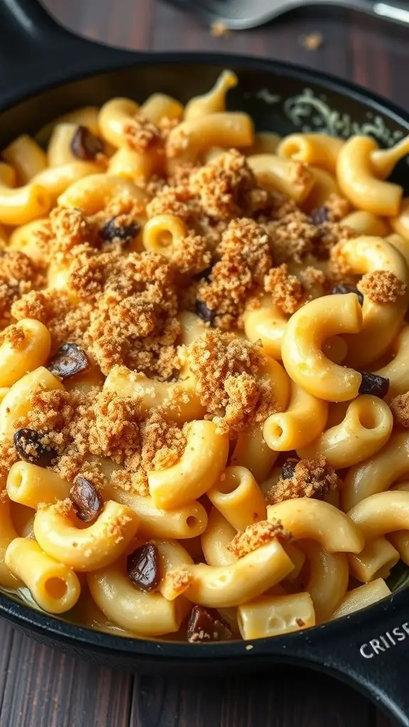 A close-up of creamy macaroni and cheese topped with breadcrumbs in a black skillet.