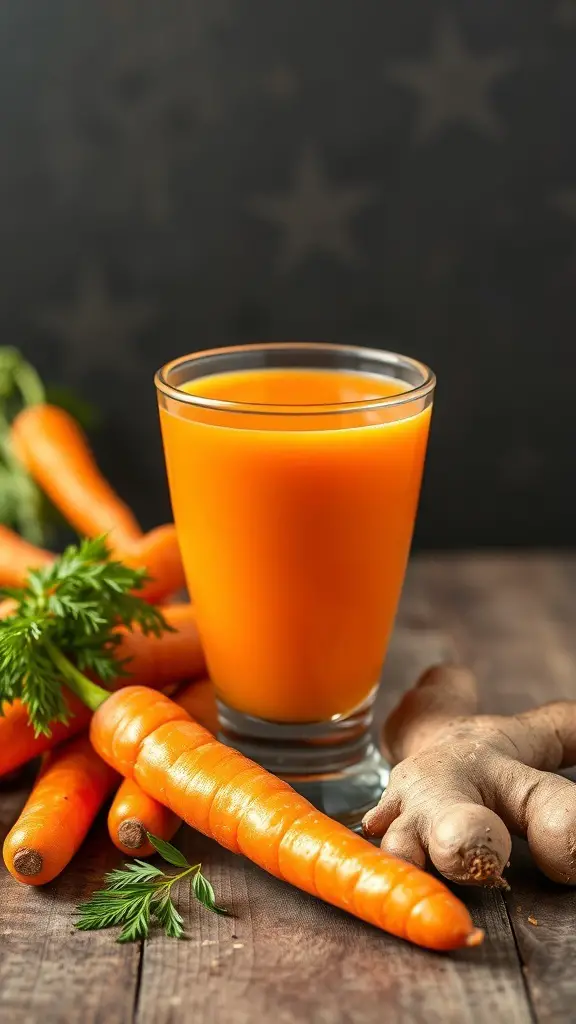 A glass of vibrant carrot ginger juice surrounded by fresh carrots and ginger root.