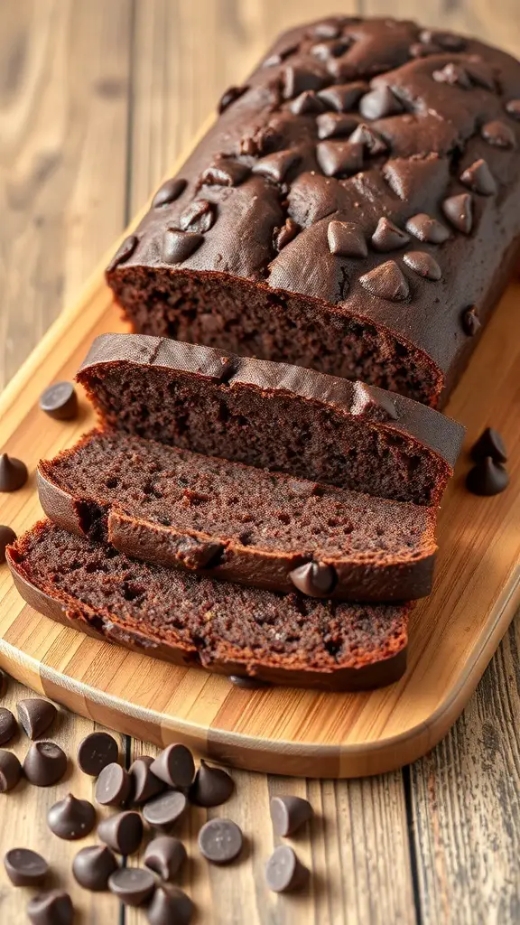 A loaf of chocolate banana bread sliced on a wooden board with chocolate chips scattered around.