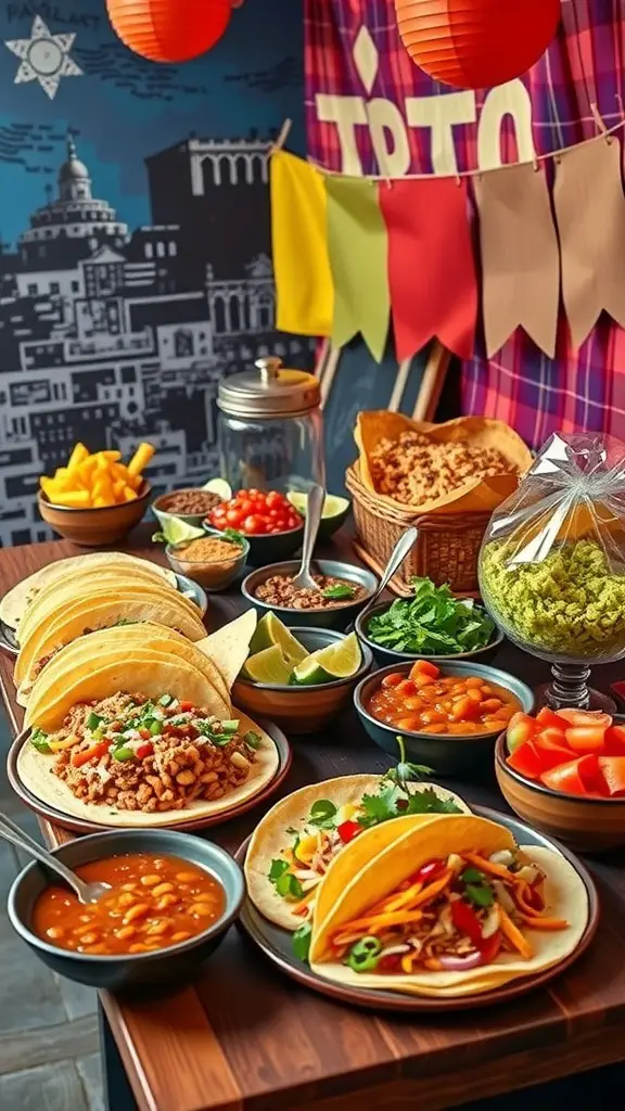 A colorful taco bar with various toppings and ingredients for a large crowd dinner.