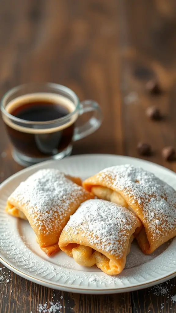 Plate of sfogliatella pastries dusted with powdered sugar next to a cup of coffee