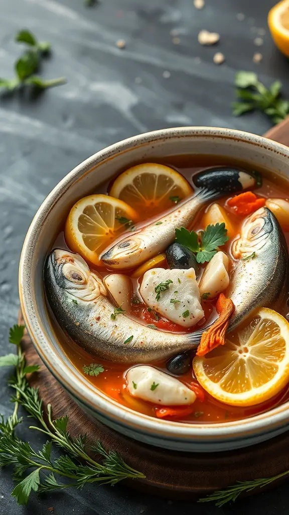 A bowl of Mediterranean fish soup with fish, lemon slices, and herbs