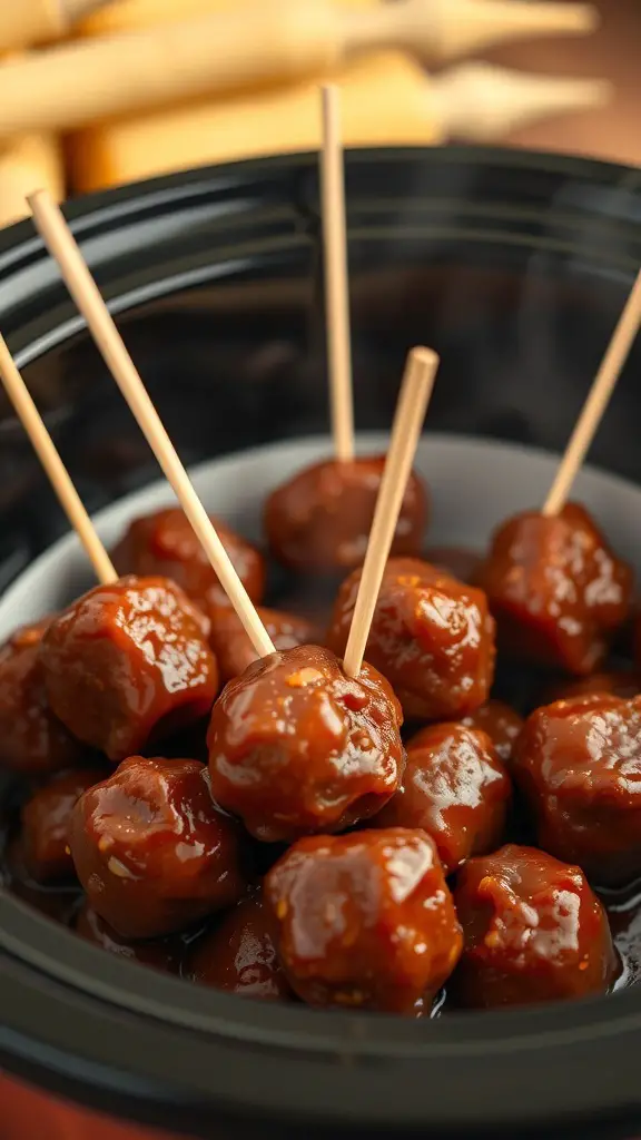 A crockpot filled with sweet and spicy BBQ meatballs on skewers