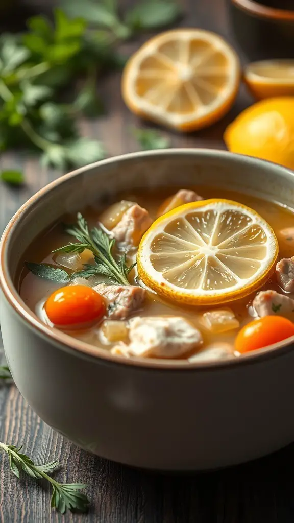 Bowl of Mediterranean Lemon Chicken Soup with lemon slices and herbs