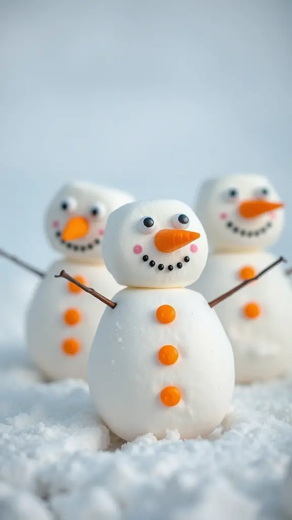 Three cute marshmallow snowmen with orange noses and candy buttons