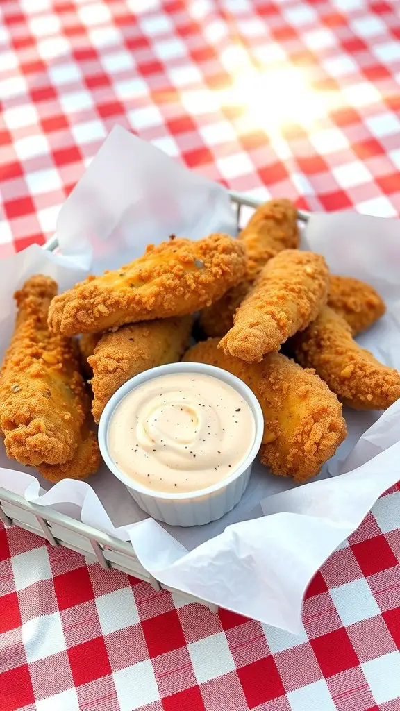 A basket of crispy fried chicken tenders with a bowl of dipping sauce on a red and white checkered tablecloth.
