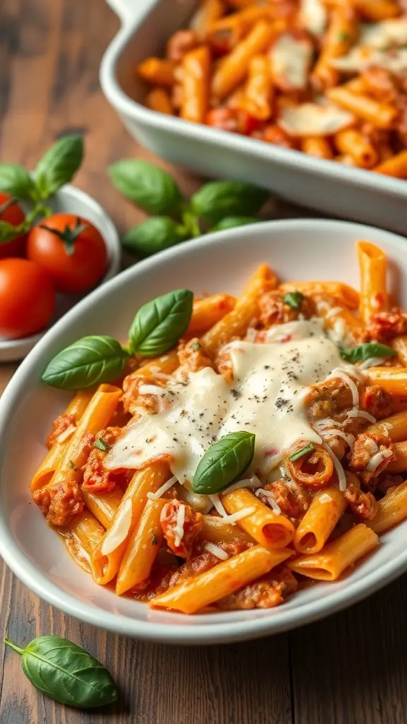 A creamy tomato basil pasta casserole served in a white dish, garnished with fresh basil and cheese.