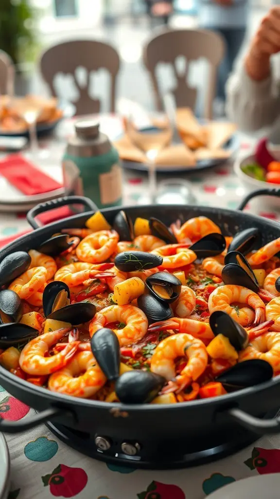A large pan of seafood paella with shrimp and mussels, ready for sharing at a dinner table.