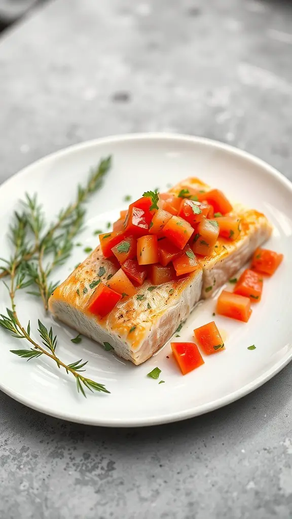 Herbed salmon topped with tomato salsa on a white plate, garnished with herbs.