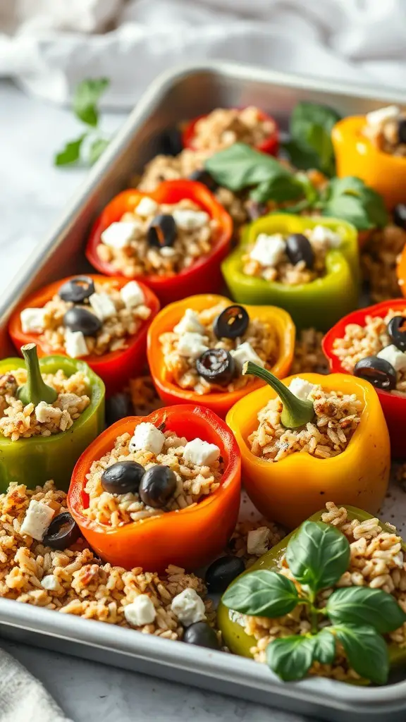 A tray of colorful stuffed peppers filled with rice, olives, and feta cheese.