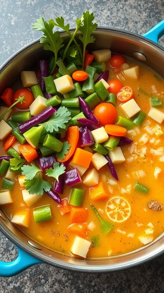 A pot of colorful vegetable soup with cabbage, carrots, and herbs.
