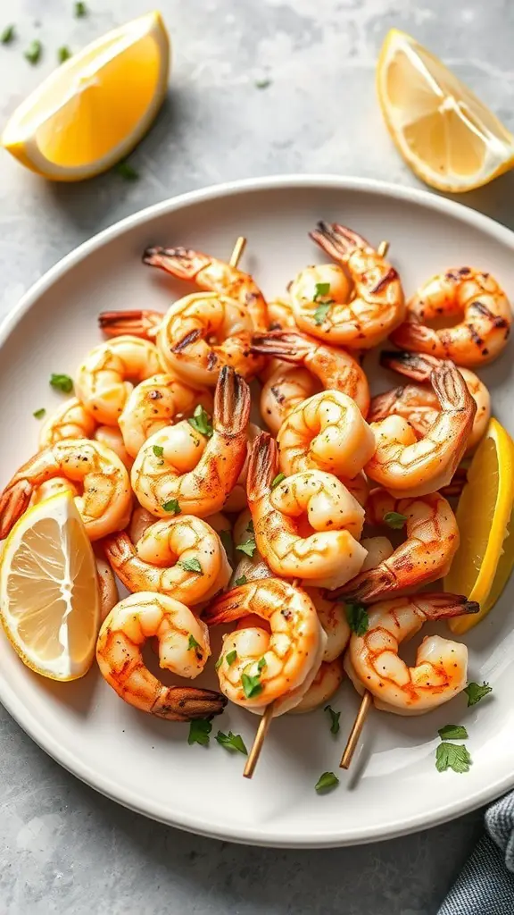 A plate of grilled shrimp skewers with lemon wedges