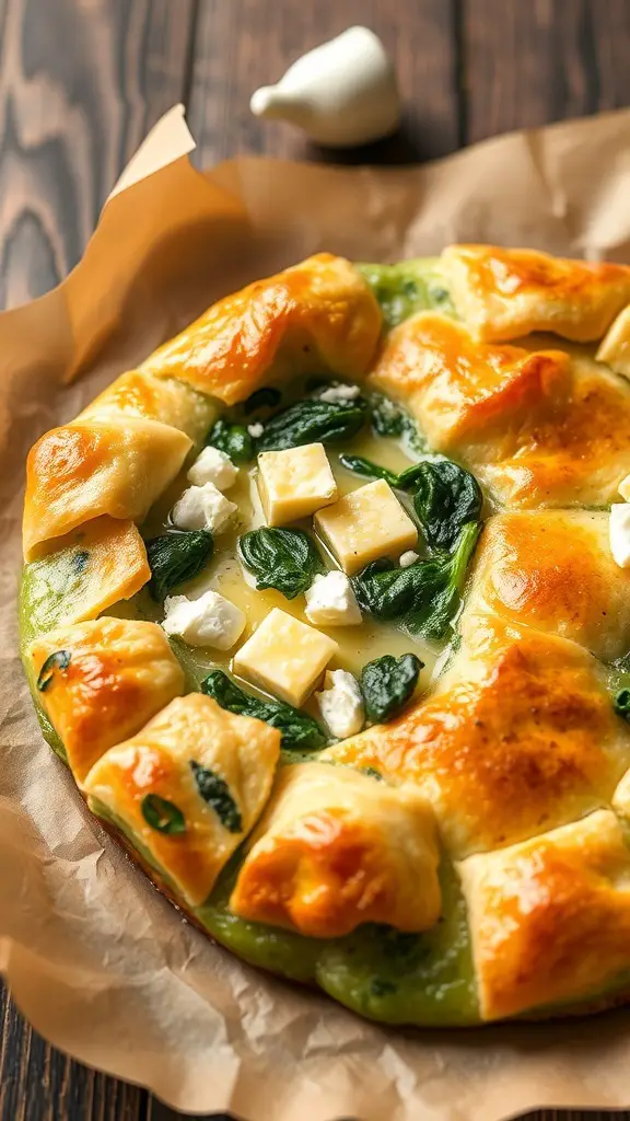 A freshly baked spanakopita with golden crust and spinach filling.