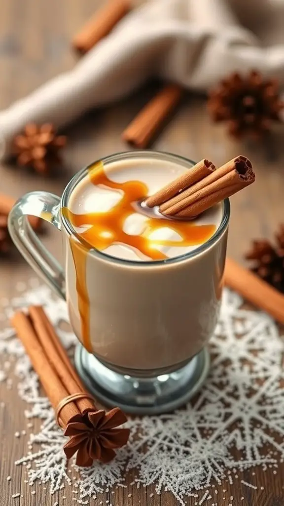 A cozy mug of maple cinnamon hot chocolate topped with caramel and cinnamon sticks, surrounded by cinnamon and star anise.