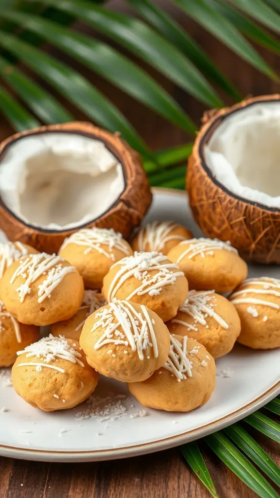 Plate of creamy coconut macaroons with shredded coconut and white chocolate drizzle