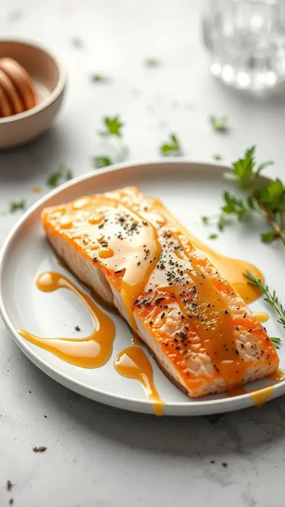 Honey mustard glazed salmon on a plate with a drizzle of sauce