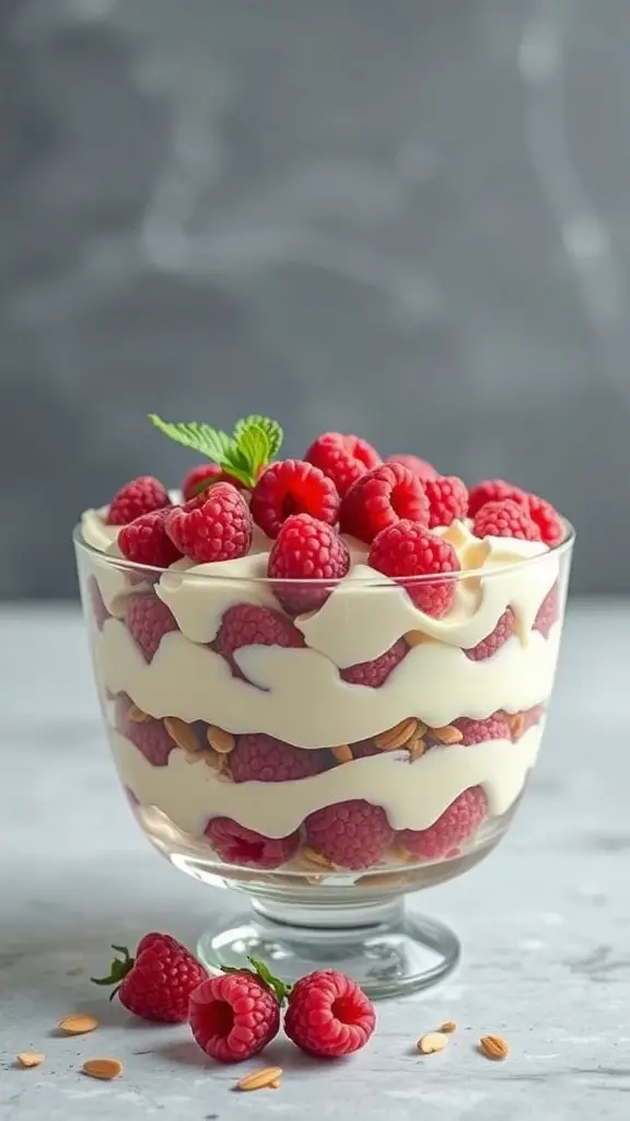 A delicious Raspberry and Almond Trifle with layers of cream, raspberries, and almond biscuits in a glass dish.