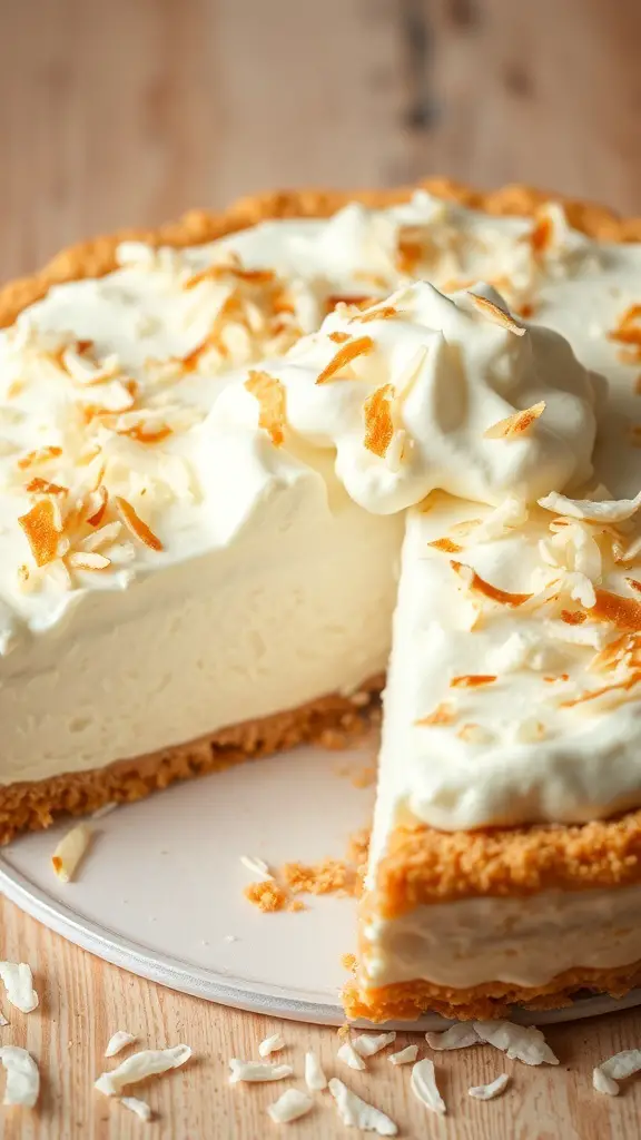 A delicious coconut cream pie topped with whipped cream and toasted coconut flakes, with a slice cut out.