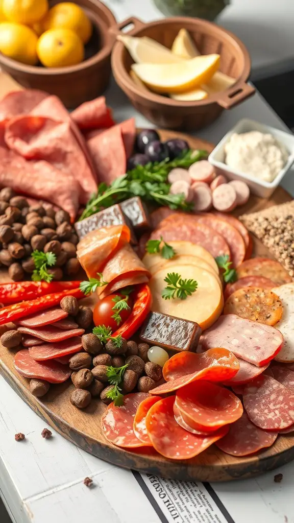 A beautifully arranged cured meats platter featuring various types of meats, nuts, olives, and fresh herbs.