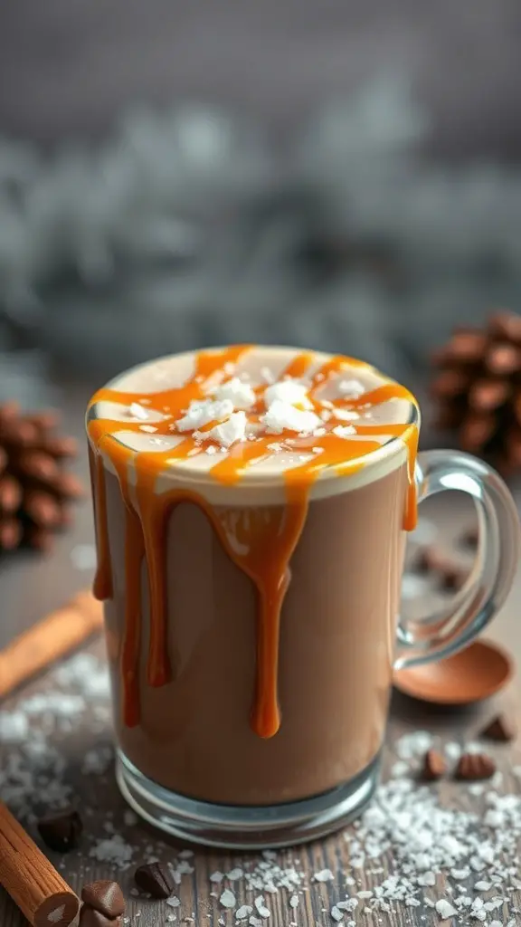 A mug of salted caramel hot chocolate with caramel drizzle and sea salt on top, surrounded by chocolate chips and cinnamon sticks.