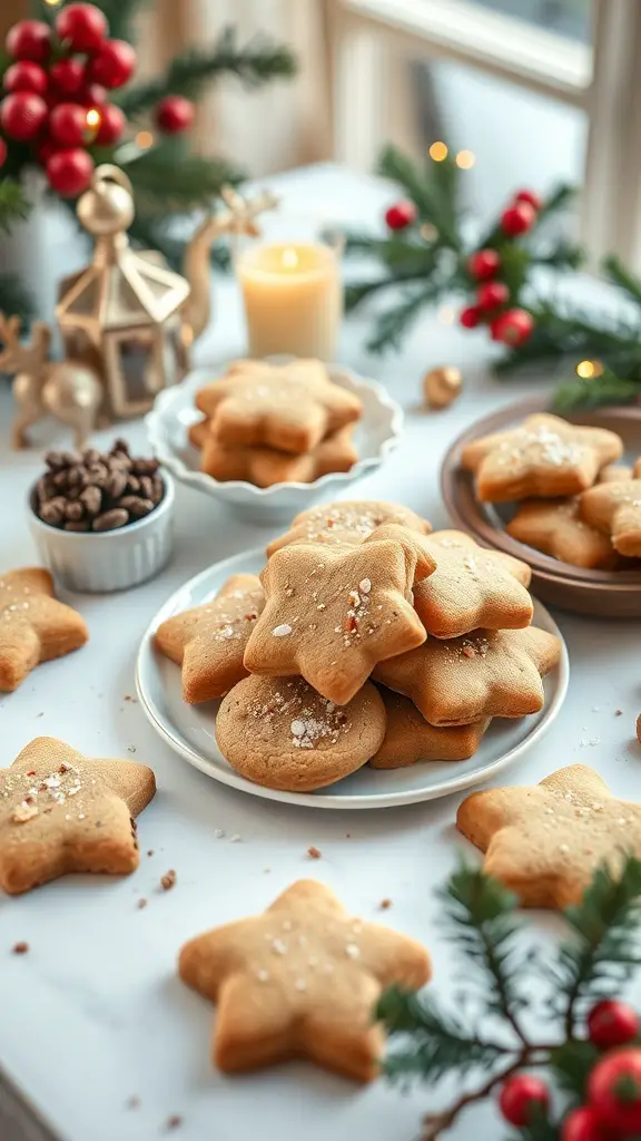 A plate of star-shaped brown butter cookies decorated with sea salt, surrounded by festive decorations.
