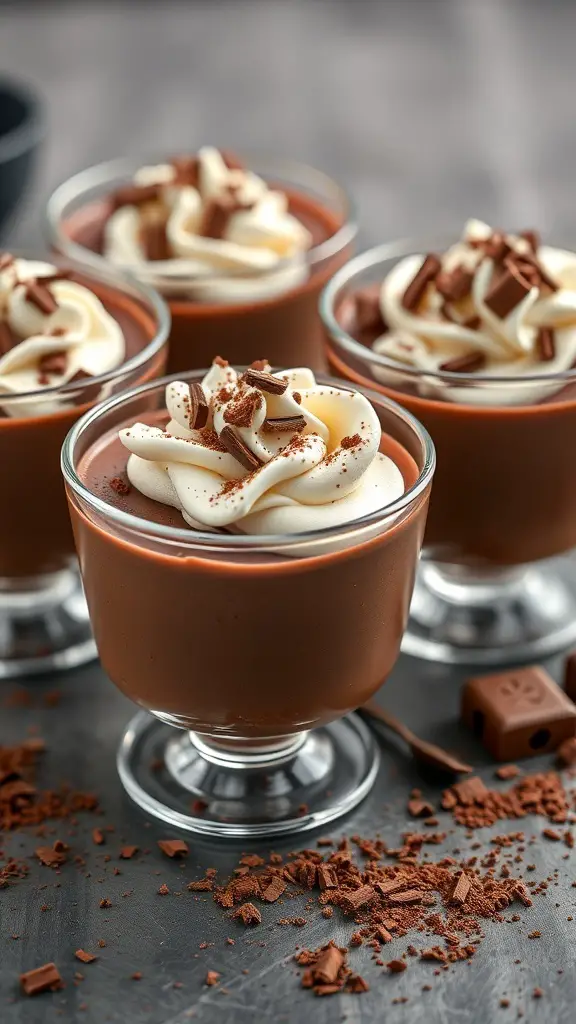 Four chocolate mousse cups topped with whipped cream and chocolate shavings.