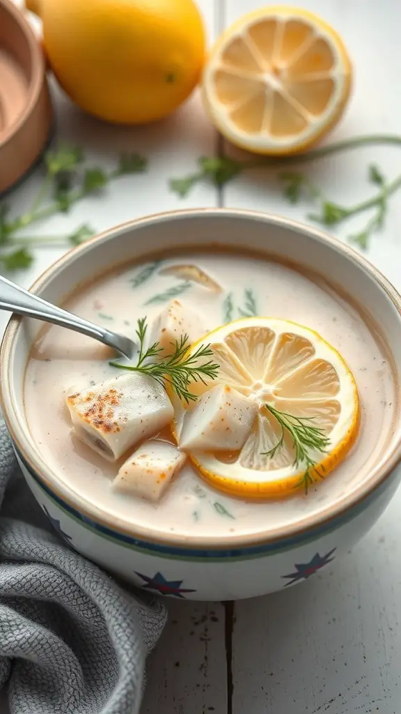 A bowl of creamy fish soup garnished with dill and lemon slices, with a gray towel beside it.
