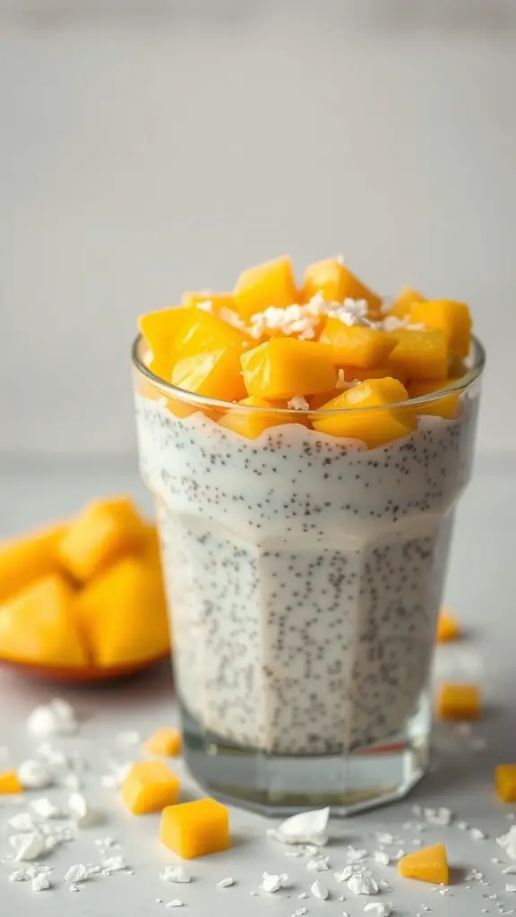 A glass of mango chia pudding topped with fresh mango chunks and shredded coconut, with additional mango pieces in the background.