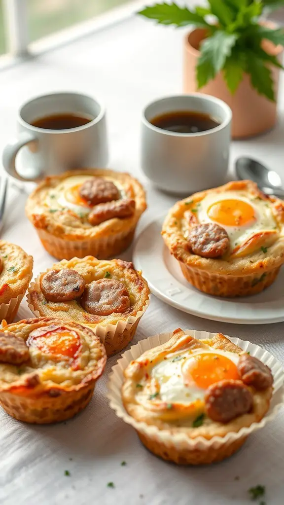 Egg and sausage breakfast muffins on a table with coffee cups