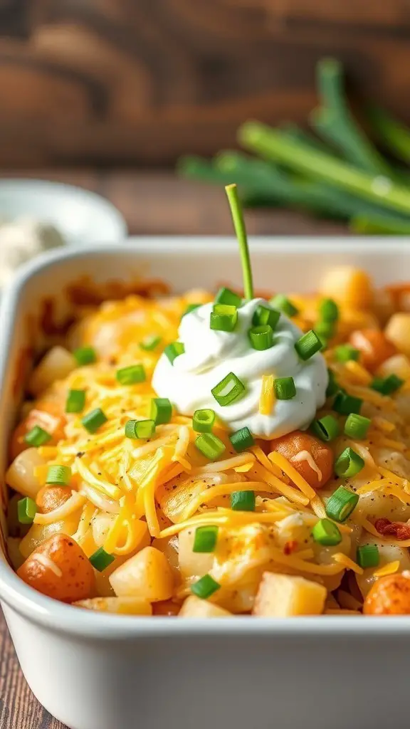 A loaded potato casserole topped with sour cream and green onions.